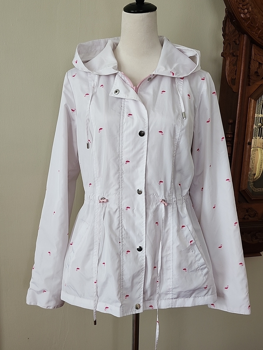 Flamingo Hooded Rain Jacket with Drawstring Waist